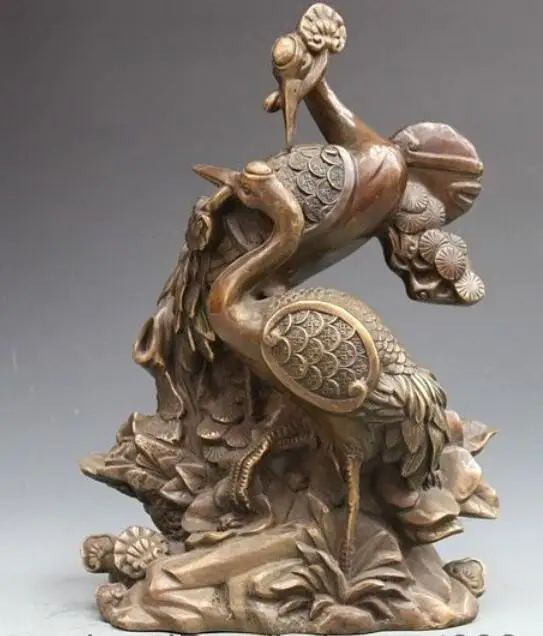 14&quotChina Palace Fengshui Bronze Copper Evergreen Pine tree Two Crane Statue | Дом и сад