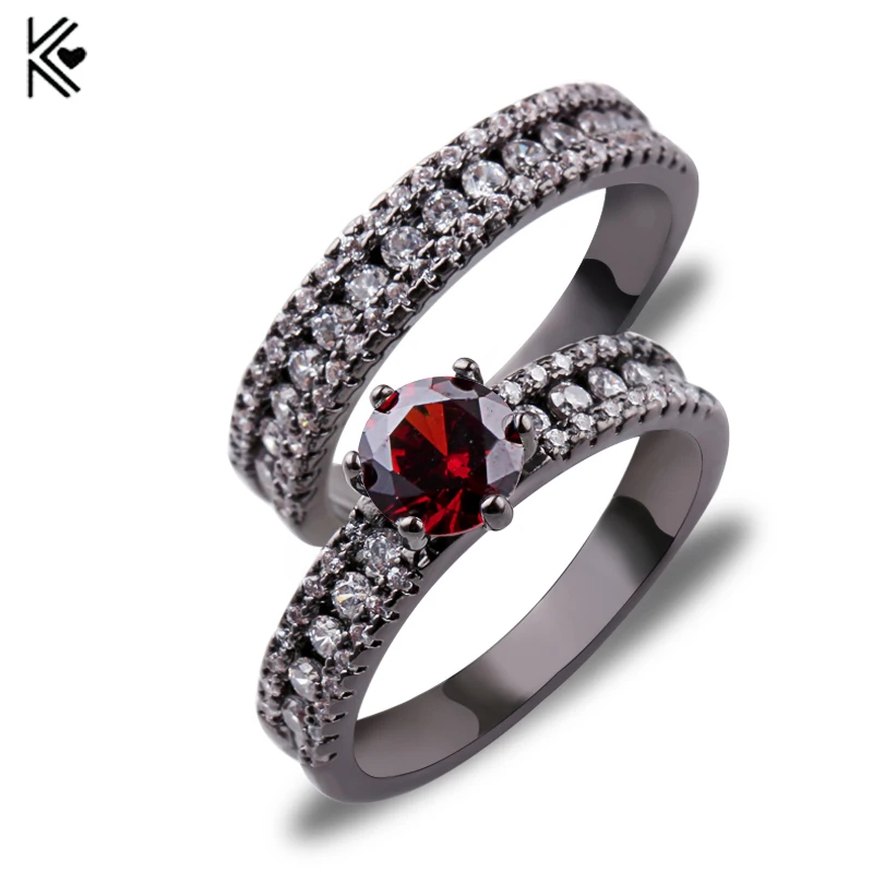 

Red Ring Sets New Fashion Wedding Party Red Zircon Rings For Men And Women Black Gold Filled Jewelry Gifts Bijoux Accessories