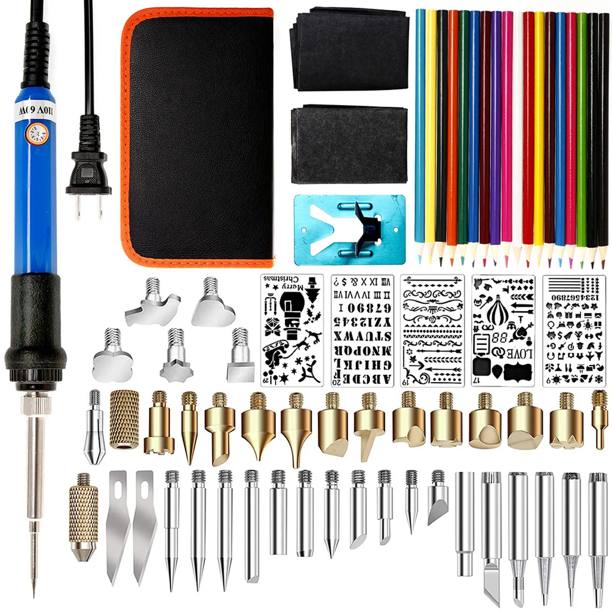 

71pcs/set 110V Electric Stencil Soldering Tips Tools Assorted Wood Carving Burning Pen Holder Pyrography Kit 15-60W With Case