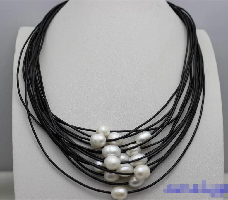

FREE shipping>>>>>>White 10x12mm freshwater pearls 15strands black leather cord necklace 19-23INCH 6.07