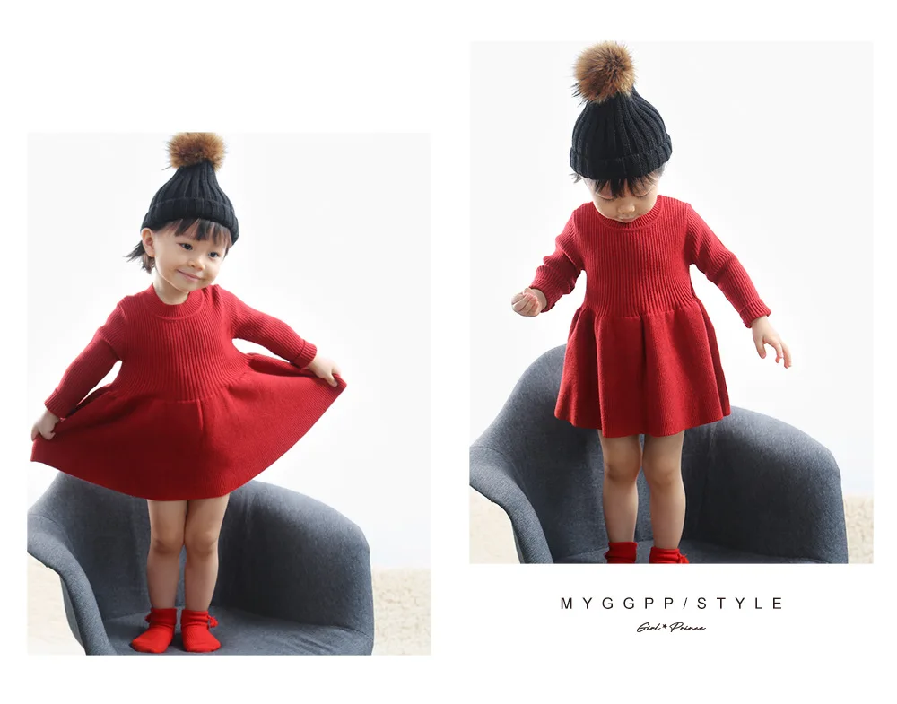 Зимняя одежда для девочек; шерстяные вязаные пуловеры для маленьких детей; однотонные Бальные платья с рюшами; свитер для маленьких девочек; платье принцессы