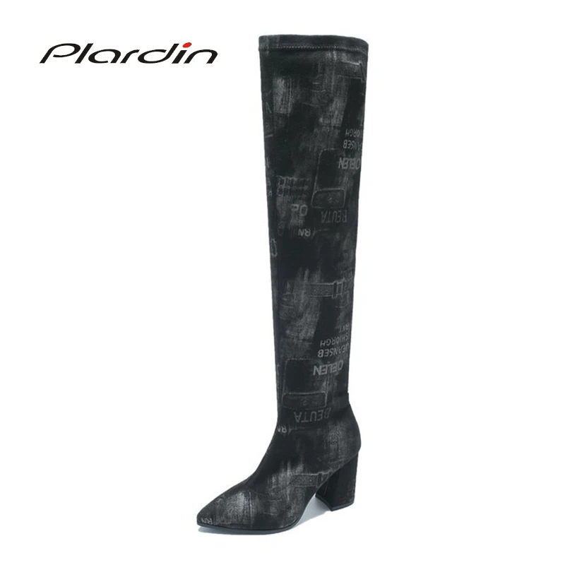

Plardin New Woman Fashion Snow Boots Women Shoes Square Heel Totem Letter Winter Over The Knee Riding Women's Snow Boots