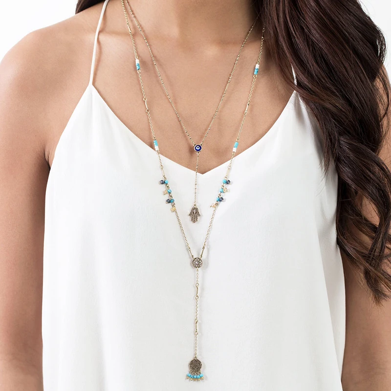 

Multilayer Blue Vintage Necklace Jewelry for Women Detachable Chain Convertible Leaf Eye Hand Pendant Long Maxi Necklace