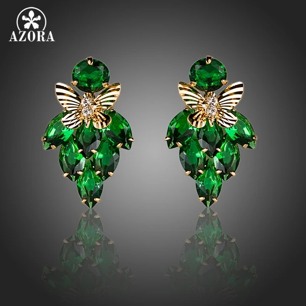 

AZORA Botryoid Gold Color Green Cubic Zirconia Butterfly Attached Drop Earrings TE0122