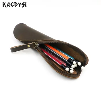 

Zipper Pens Bag Designer Handmade Split Leather Retro Unisex Cosmetic Make Up Brush Bag Case Simple Storage Bag Organizer Wallet