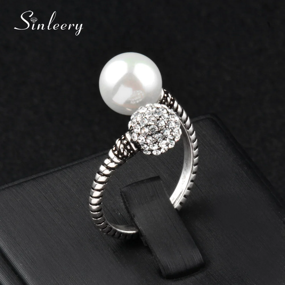 

SINLEERY Elegant Crystal Ball With Imitation Pearl Rings Adjustable Size Women Antique Silver Color Jewelry Bagues Jz177 SSK