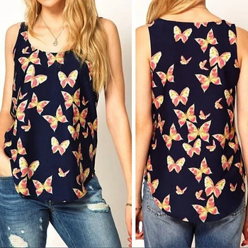 

Print Chiffon Blouse Shirts For Women Summer Sleeveless Butterfly Print Femme Blouses Work Wear Fashion Slim Tops Shirt Blusas