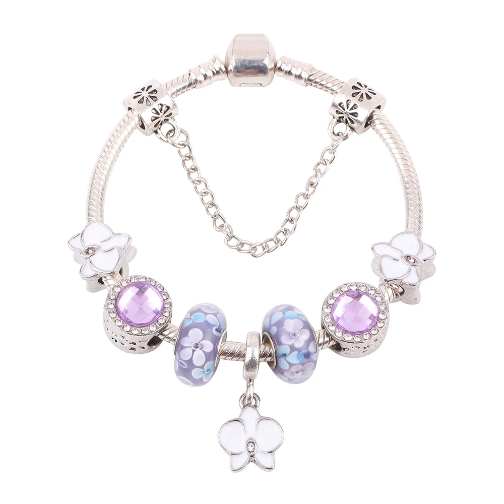Европейская мода очарование c фиолетовыми стеклянными бусинами белая бабочка подвеска высокое качество подарок DIY подходит для Для женщин браслет ювелирные изделия