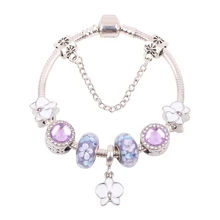 Европейская мода очарование c фиолетовыми стеклянными бусинами белая бабочка подвеска высокое качество подарок DIY подходит для Для женщин браслет ювелирные изделия