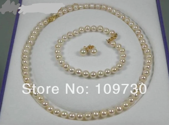 

Jewelry 00659 GORGEOUS ROUND 6mm AAA+ WHITE AKOYA PEARL BRACELET EARRING SET 14KGP 18" 5.4