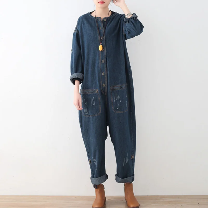 

Johnature 2019 Spring Winter New Women High Waist Jumpsuit Loose Large Size Solid Color Long Sleeve Denim Ankle-Length Jumpsuits