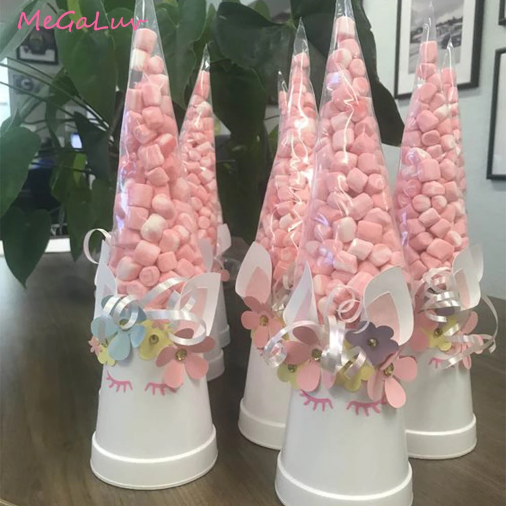 Bolsa celofán transparente para fiestas de unicornios, embalaje de dulces, cajas de plástico para palomitas de maíz, Chevron, Decoración de cumpleaños y bodas, 50 Uds.|Envoltorios de regalo| -