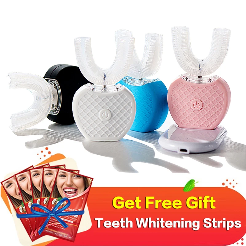 360 Degree Sonic Automatic Electric Toothbrush Teeth Whitening Blue Cold Light Intelligent Silicone Toothbrush 4 Modes U Shape