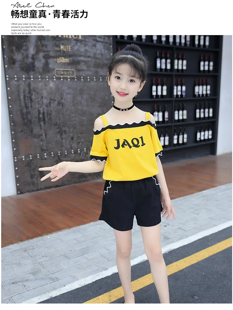 Cute Casual Teenage Clothes For Girls Clothing Sets 2019 Summer Children Shoulderless Letter Tshirt Tops Shorts 2Pcs Kids Suit (19)