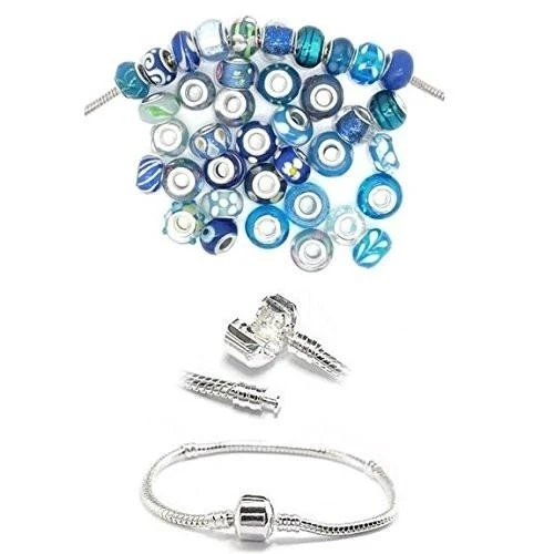6 Snake Chain Bracelet + Ten (10) Pack of Assorted Blue Glass Beads