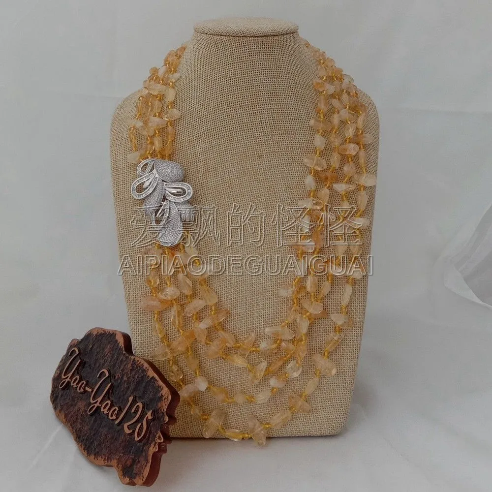 

N010624 4 Strands 22'' Natural Yellow Crystal Necklace CZ Pave Pendant