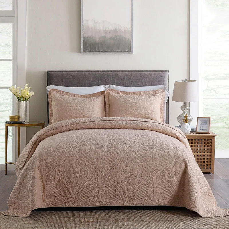 

CHAUSUB Plain Soft Washed Cotton Quilt Set 3pcs Solid Embroidered Bedspread Quilted Bed Cover King Size Quilts Coverlets Blanket