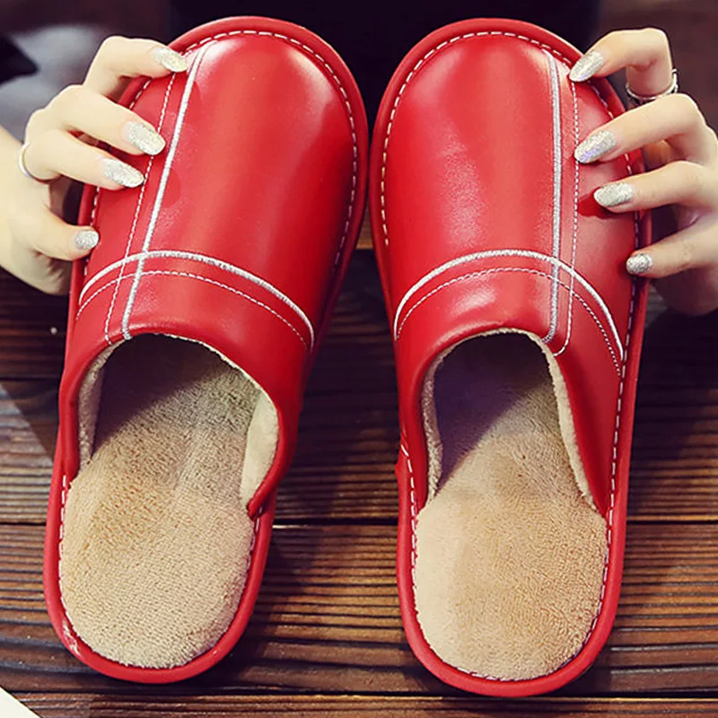 

Large size 4.5-13 female slippers leather winter shoes 2019 new arrival classic flat short plush slippers women warm home shoes