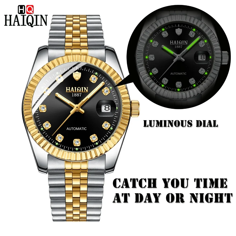 HAIQIN New Luxury Men Mechanical Watch Fashion Design Wristwatch Automatic Self-Wind Watch Men Calendar Clock Relogio Masculino