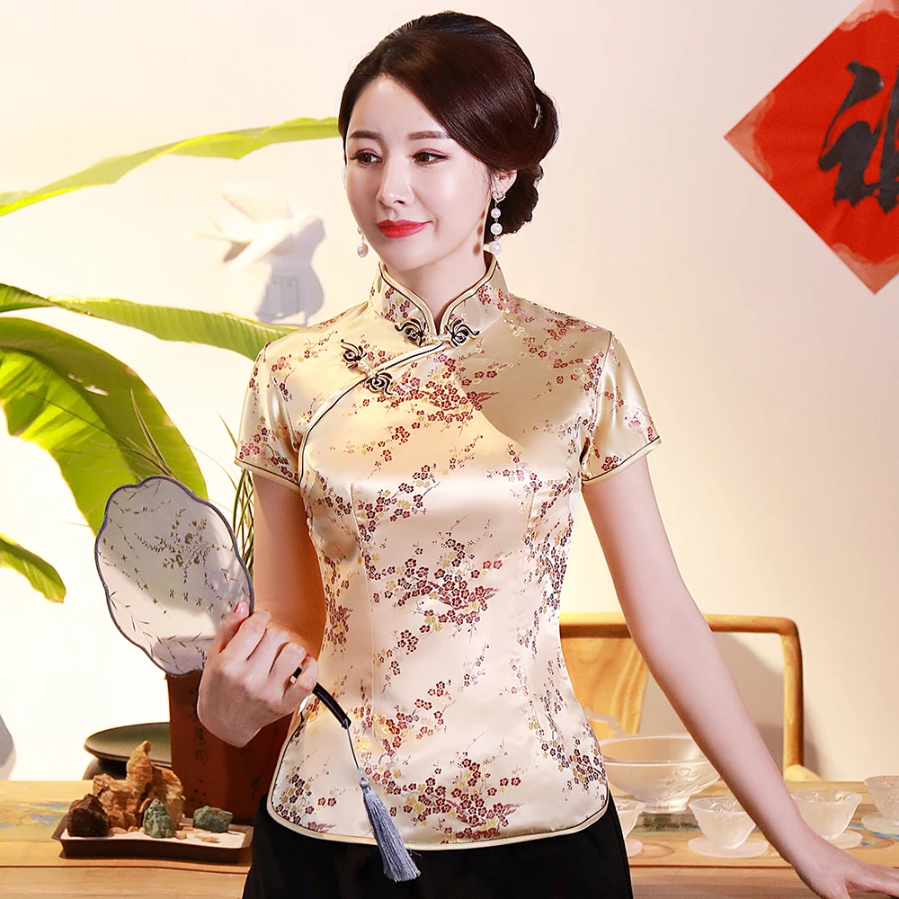 Пятно цветок элегантный для женщин рубашка Женский блузка в китайском стиле ручной работы Кнопка Тан костюмы Новинка топы с короткими рукавами для