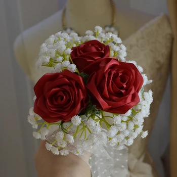 

Hand made Silk Satin Rose flower 3 real touch rose birdesmaid bouquet wedding bouquet with white Babysbreath around home decor