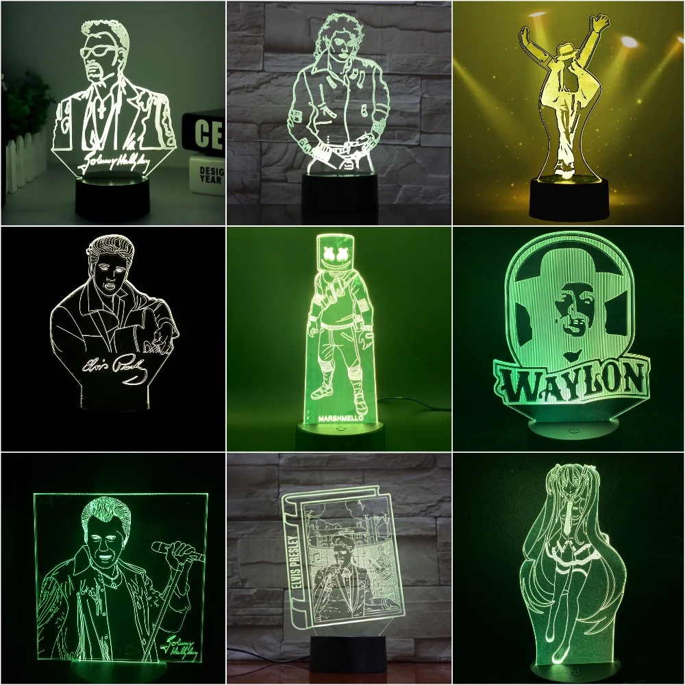 

Michael Jackson Figure 3D LED Night Light Marshmello The King Johnny Hallyday Waylon Jennings Hatsune Miku 3D Lamp Dropshipping