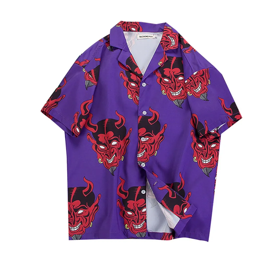 Hip hop Streetwear Shirts Men Devil Full Printing Short Sleeve Summer Floral Loose Shirts Camisa