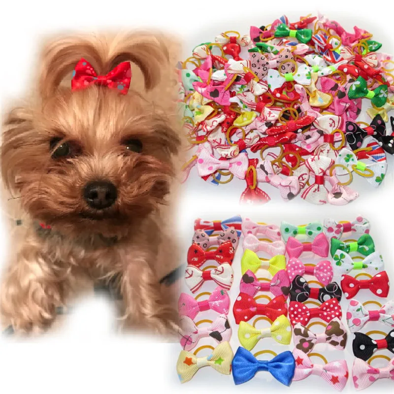 20PCS Lot Assorted font b Pet b font Cat Dog Hair Bows with Rubber Bands Grooming