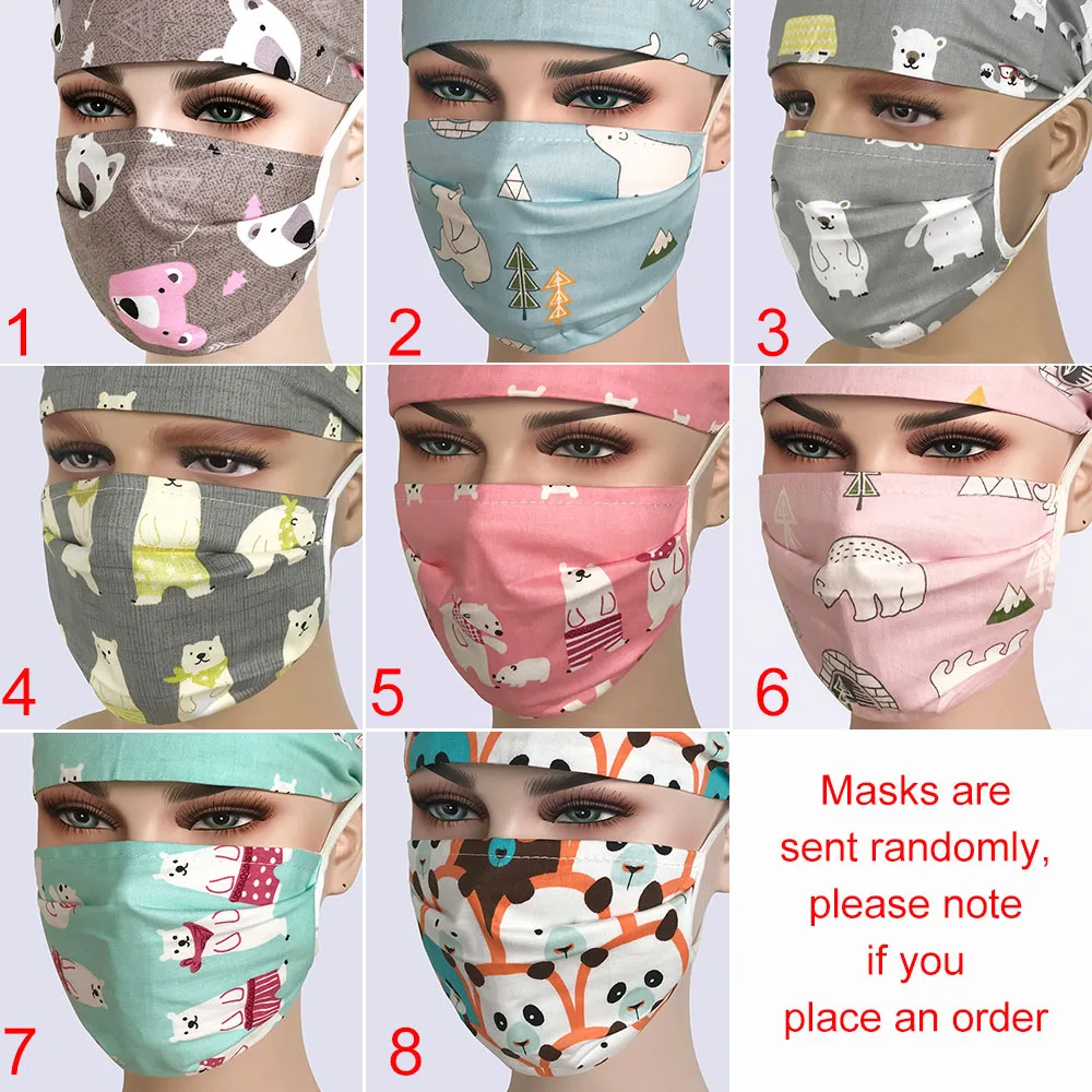 Унисекс напечатаны скраб маски с кепкой медсестры доктор Хирургическая больница регулируемая медицинская крышка s скраб лабораторная