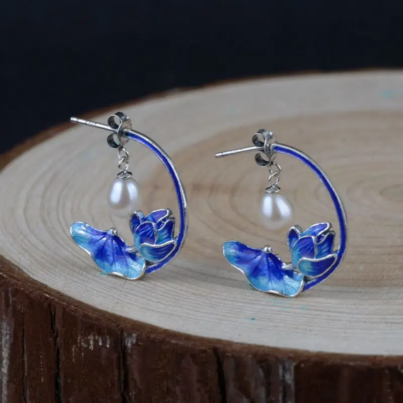 

2019 New Arrival Sale Women Emperor S925 Ears Bluing Process Simple Fashion Female Freshwater Pearl Lotus Leaf Ornaments