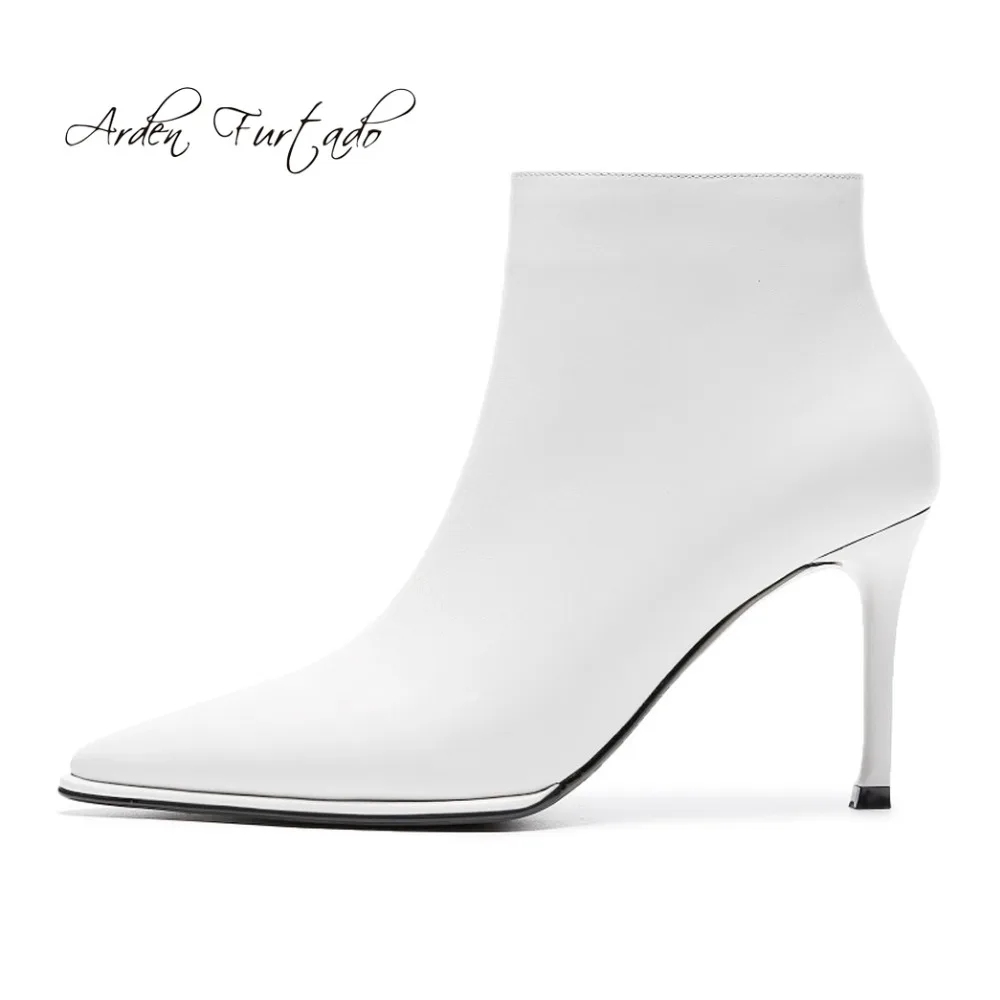 

Arden Furtado 2018 spring autumn winter stilettos ankle boots white genuine leather high heels 8cm matin boots women's shoes 40