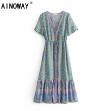 Винтажное шикарное женское платье с цветочным принтом, рукав летучая мышь, Пляжное богемное Плиссированное женское платье-миди с v-образным вырезом и кисточками, летнее платье в стиле бохо, vestidos