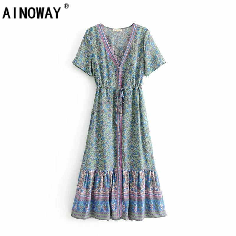 

Vintage chic women Floral print bat sleeve beach Bohemian pleated midi dress Ladies V neck Tassel Summer Boho dress vestidos