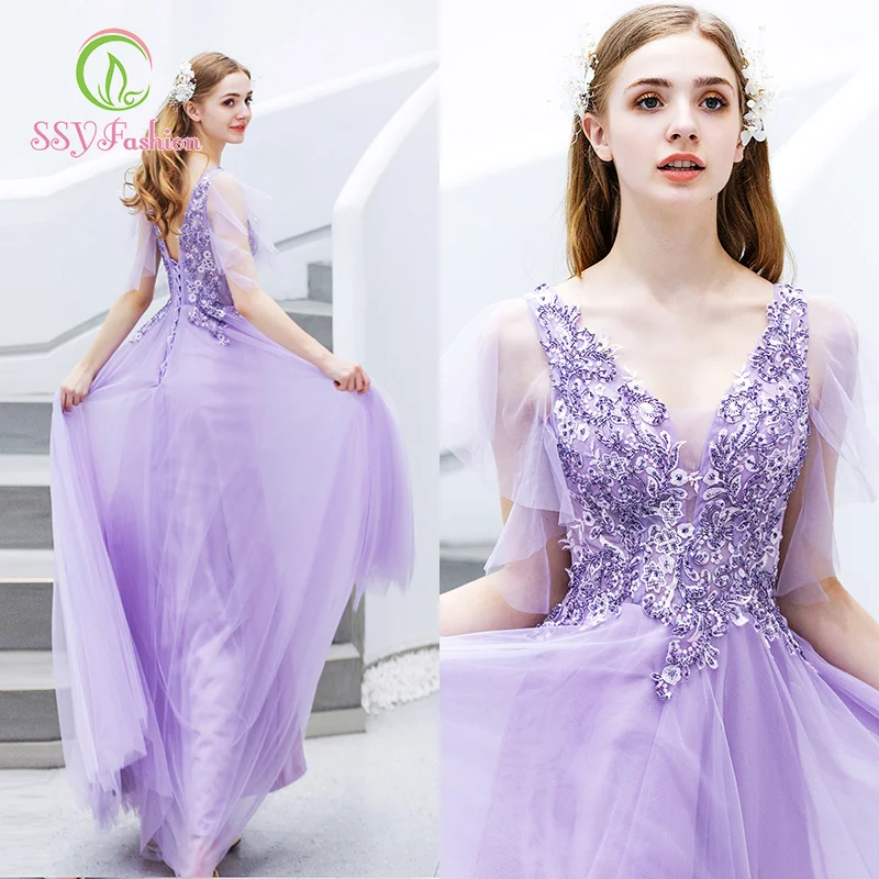 SSYfashion/фиолетовые длинные платья с v-образным вырезом и расклешенными рукавами на