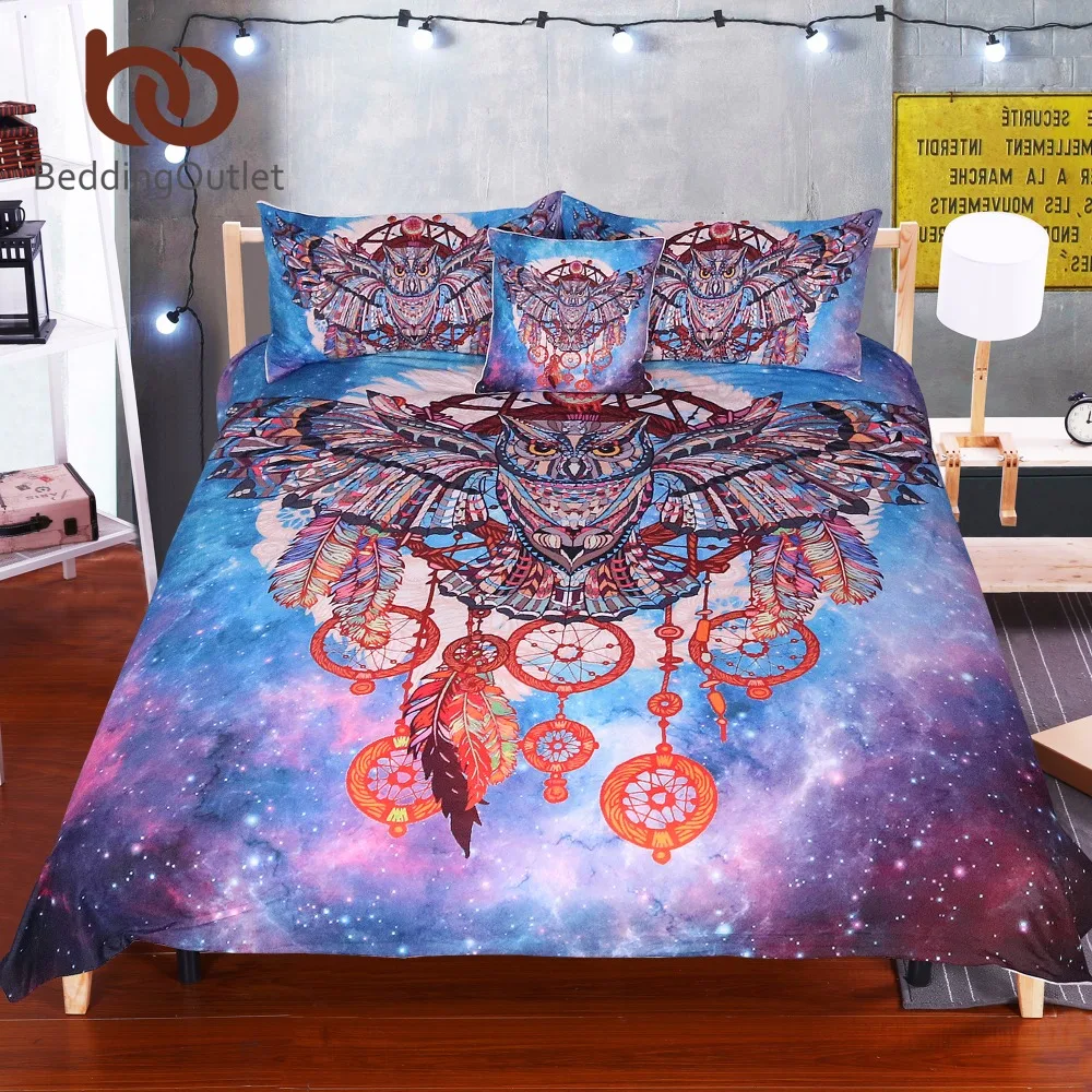 

BeddingOutlet Owl Dream Catcher with Feathers Bedding Set Watercolor Bohemia Galaxy Duvet Cover with Pillowcases Boho Bedclothes
