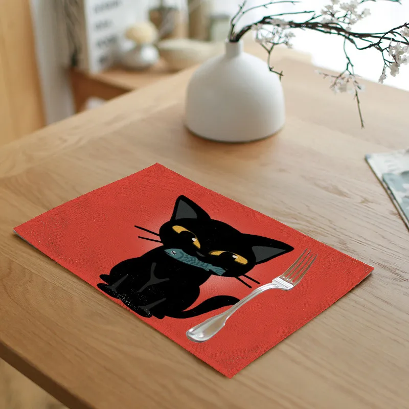 Скатерть с животными из мультфильмов 42x32 см черный милый кот велосипед скейтборд чайная, кофейная кружка Pad кухня ресторан украшение подставка в стиле «Вестерн»