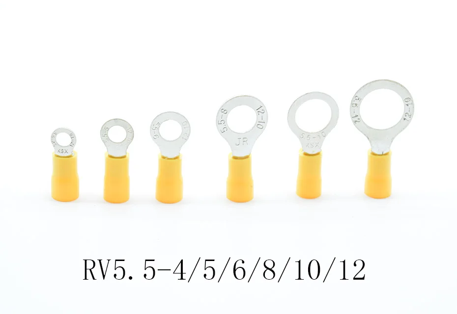 50 шт./упак. RV5.5-4/5/6/8/10/12 желтый изолированный терминал кольца Костюм 4-6mm2 кабель для соединения проводов обжимной терминал AWG