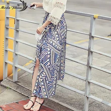 Moda jihan/летние женские юбки до колена с принтом цифр, геометрический шифон, асимметричный подол, женские юбки в стиле бохо, на шнуровке, с бантом, с высоким разрезом