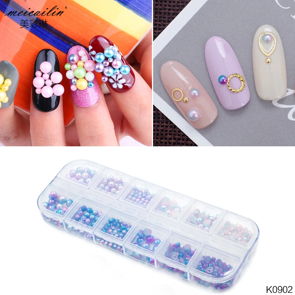 

1 Case Mixed Size Mermaid Nail Beads Nailart Gradient Pearl Ball Manicure Holo Nail Rhinestones for 3D DIY Nail Art Decorations
