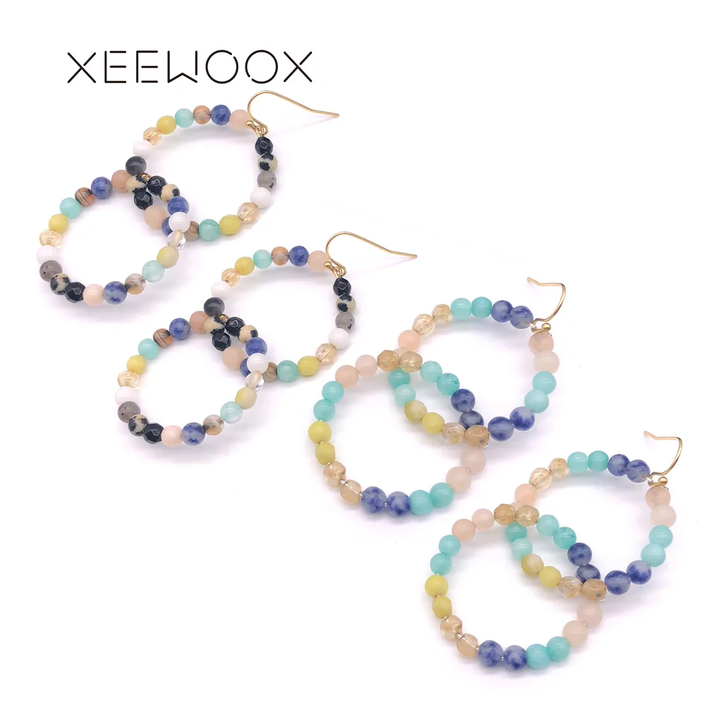 

Colorful Double Circle Statement Drop Earring Semi-precious Stone Woman Drop Earring XEEWOOX Design Party Gift Bohemia