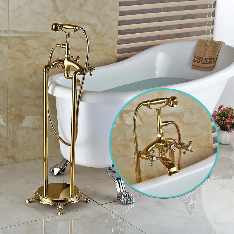 Modern Freestanding Dual Cross Handles Bathtub Faucet Tub Filler Golden Finish Floor Mount