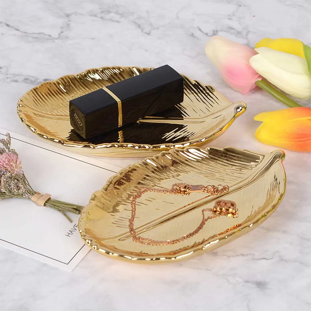 

Scandinavian Gold Leaf Ceramic Storage Tray Golden Leaf Jewelry Pallet Dry Fruit Plate Home Decoration Plate