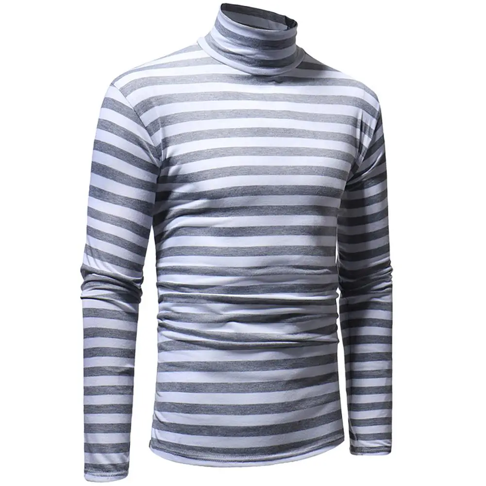Осенняя мужская повседневная футболка в полоску s с длинным рукавом мужские футболки топы хлопок трендовая водолазка размер плюс мужской футболка san0 - Цвет: light grey
