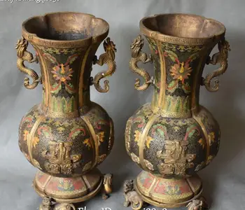 

12" Cloisonne Bronze 24K Gold Gilt Wealth Loong Dragon Bottle Vase Flask Pot Jar