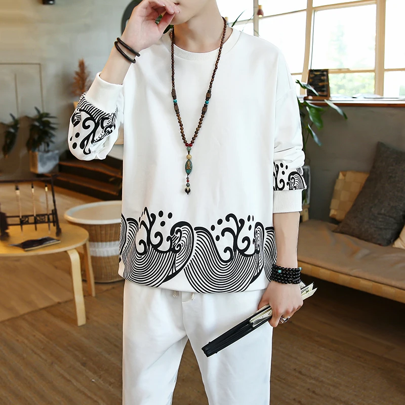 

Loldeal Cotton Chinese Elements Autumn and Winter 2018 Wave Print Knit Long Sleeve + Pants Loose Set