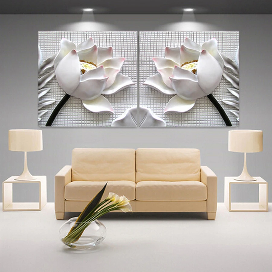 

Modern 3D white lotus definition pictures canvas Home Decoration living room Wall modular painting Print cuadros(no frame)2pcs