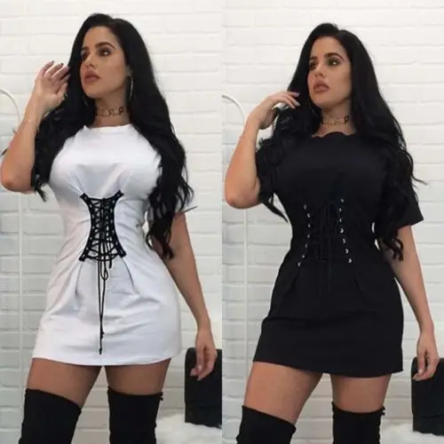 

Women Short Sleeve Lace up bandage Evening Party Short Mini Dress Sundress