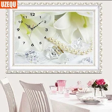 UzeQu 5D DIY Алмазная вышивка крестиком настенные часы цветок Лилия жемчуг Алмазная вышивка полная круглая Алмазная мозаика домашний декор
