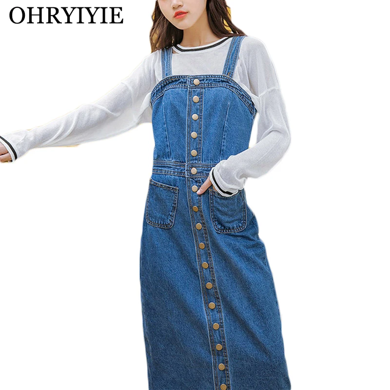 

OHRYIYIE 2019 Spring Summer Women Denim Dress Female Fashion Strap Knee-Length Denim Dresses Sundress With Button Overalls Jeans