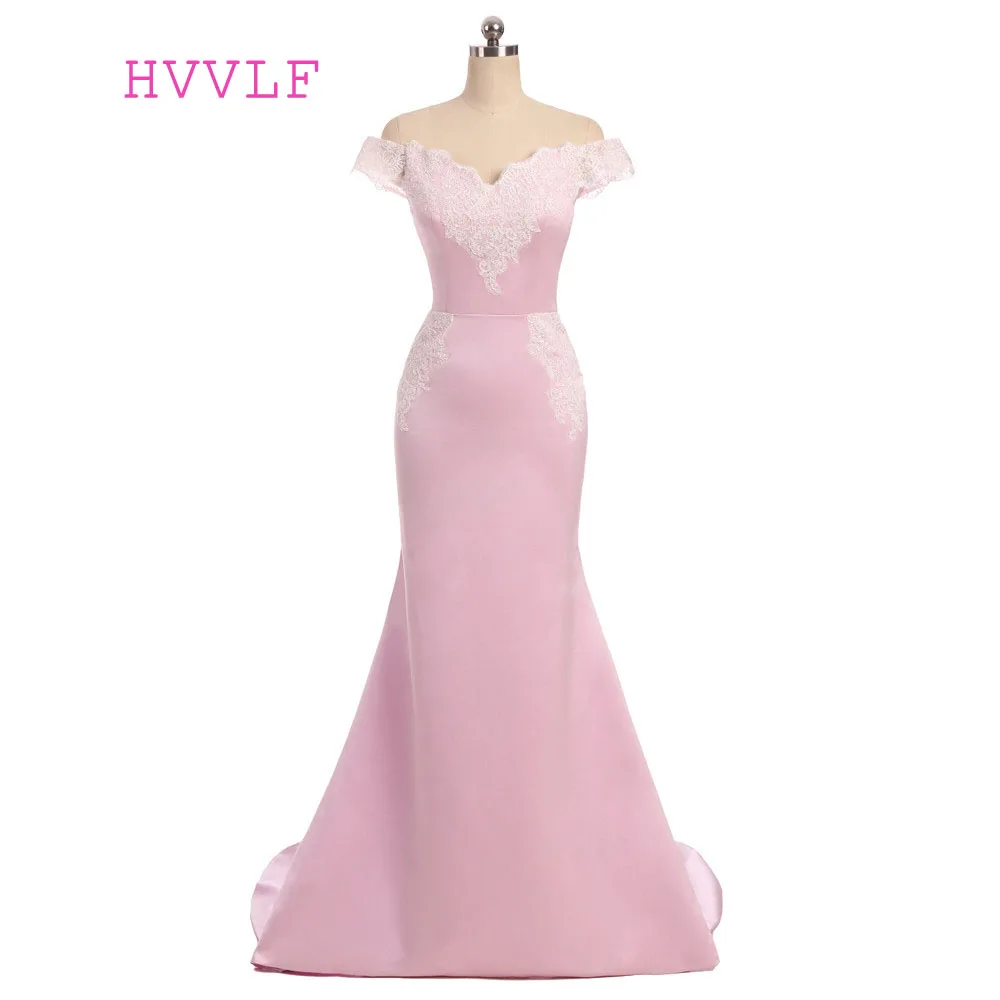 

Backless Pink Evening Dresses 2019 Mermaid V-neck Cap Sleeves Satin Appliques Lace Long Evening Gown Prom Dress Prom Gown